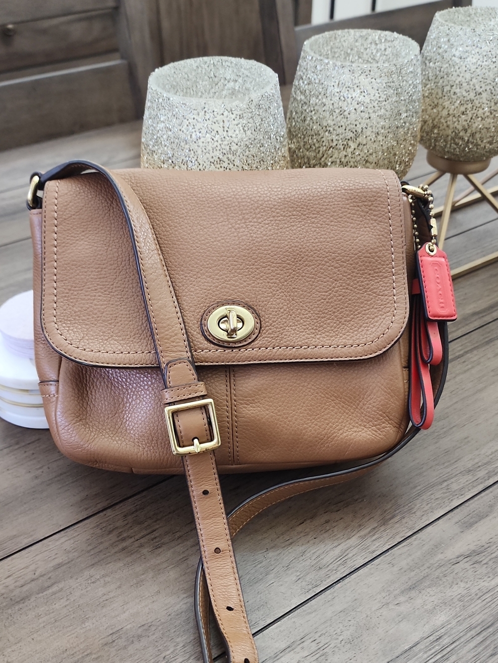 Coach Tan Leather Crossbody Bag with Gold Turn-Lock
